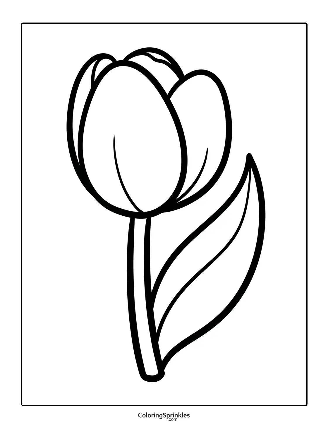 Coloring page of a single tulip flower with one leaf