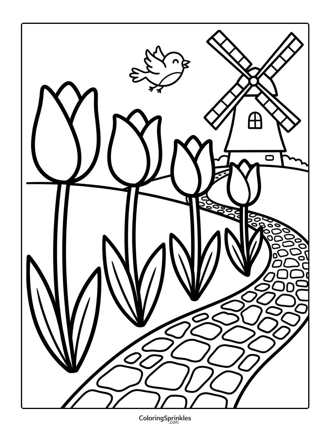 Coloring page of tulips with a windmill and a bird flying above a cobblestone path