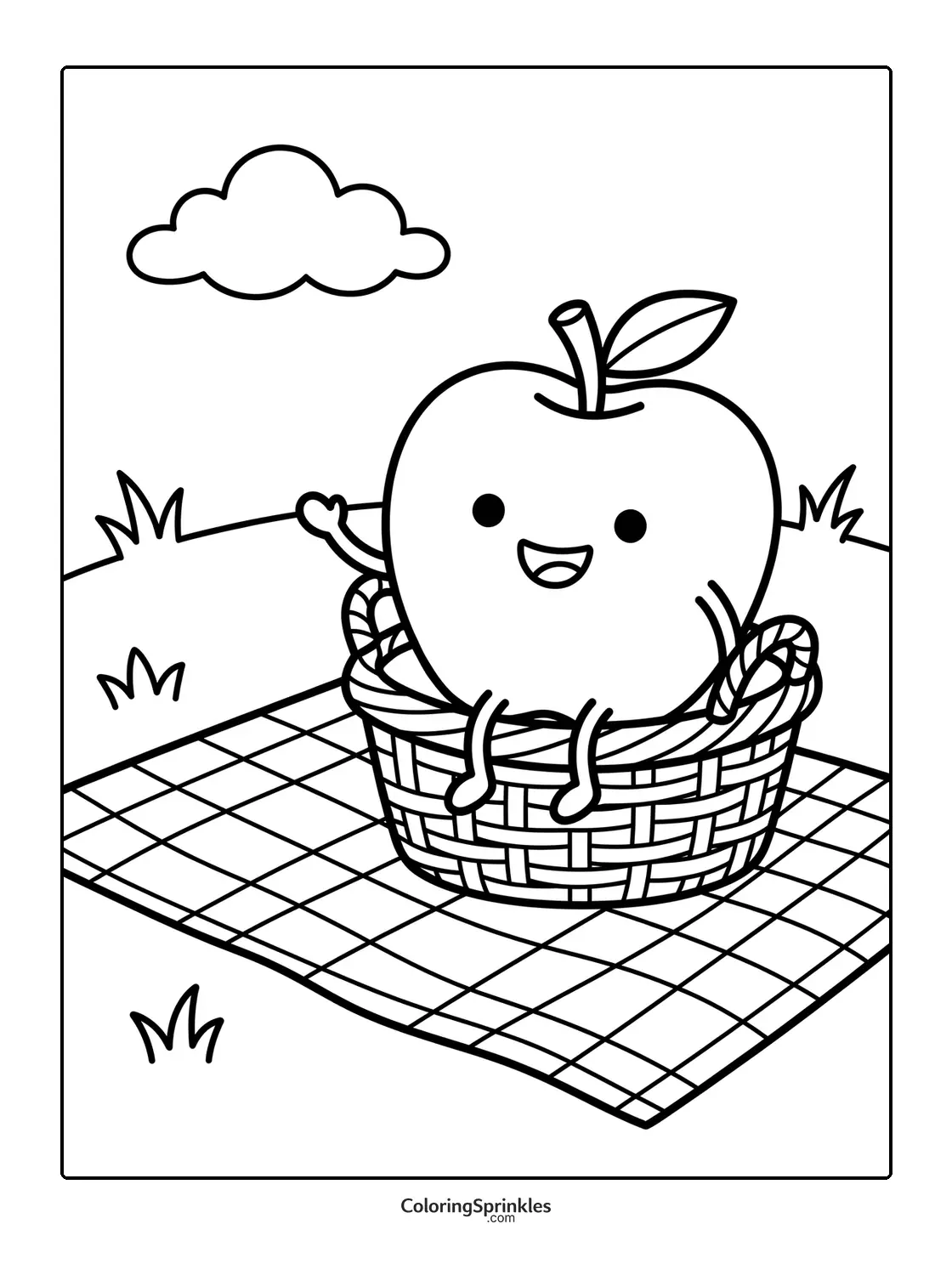 Coloring page of a happy apple character sitting in a basket on a picnic blanket