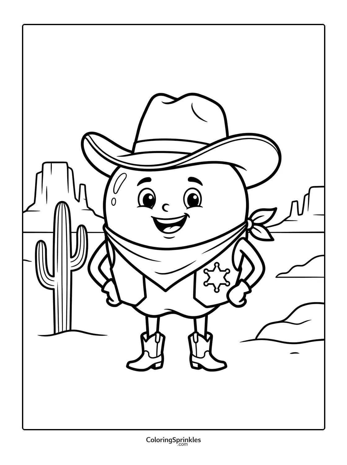 Coloring page of a cowboy apple in a western desert with cactus