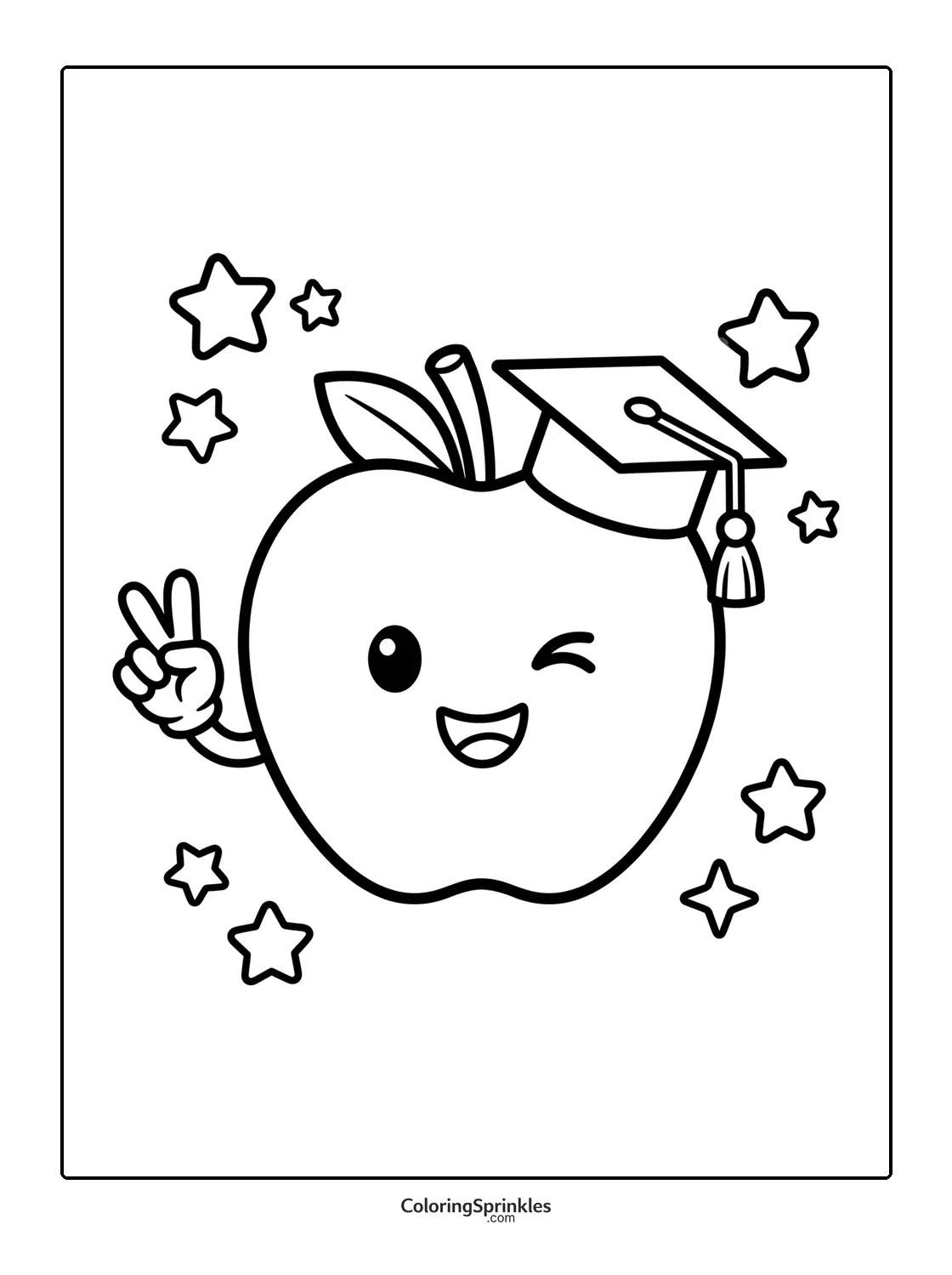 Coloring page of a winking apple wearing a graduation cap showing a peace sign with stars around