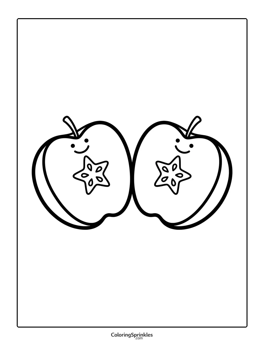 Coloring page of two apple halves with smiling faces