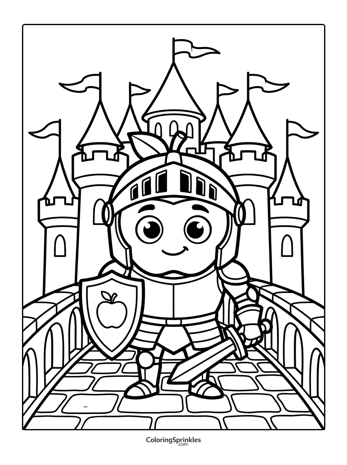 Coloring page of an apple knight standing on a castle bridge with shield and sword