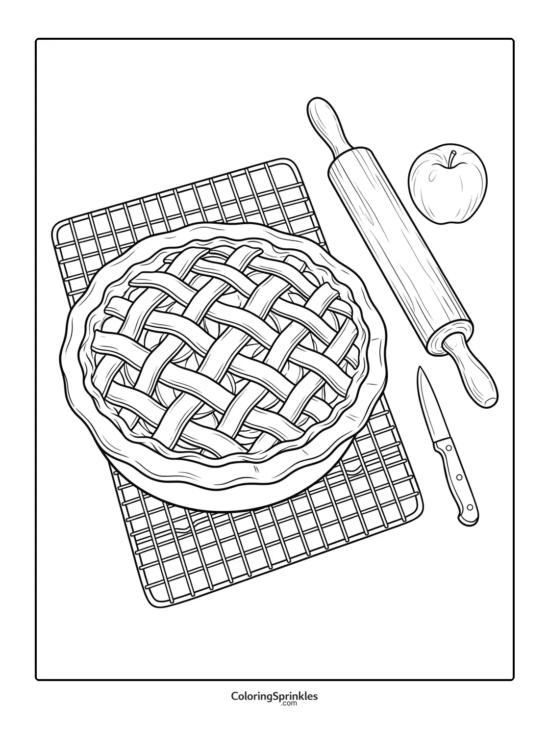 Coloring page of an apple pie with a lattice crust on a cooling rack with a rolling pin, apple, and knife