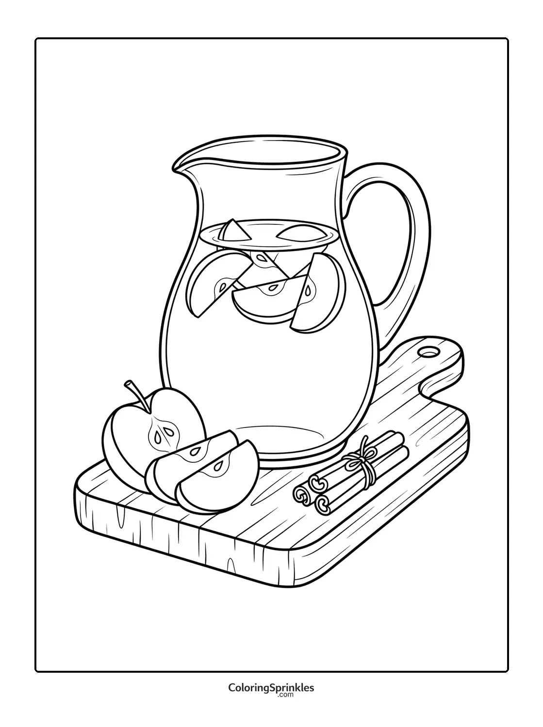 Coloring page of a pitcher with apple slices and cinnamon sticks on a cutting board