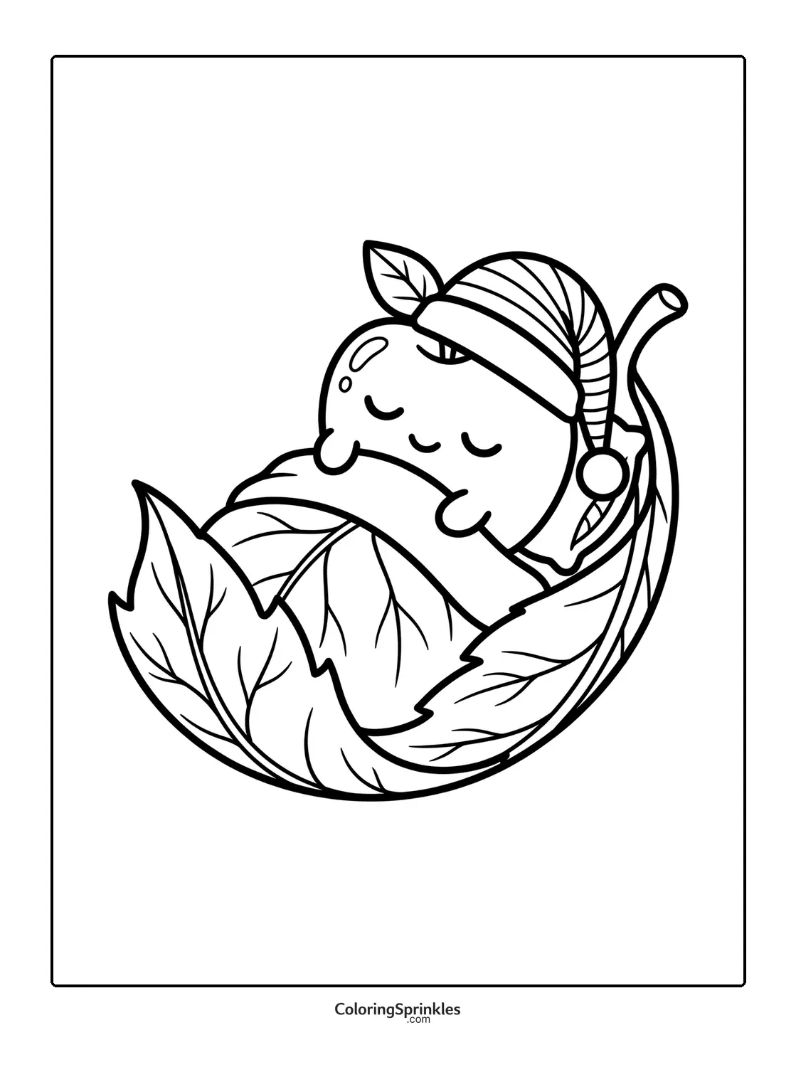 Coloring page of a sleeping apple wearing a nightcap on leaves