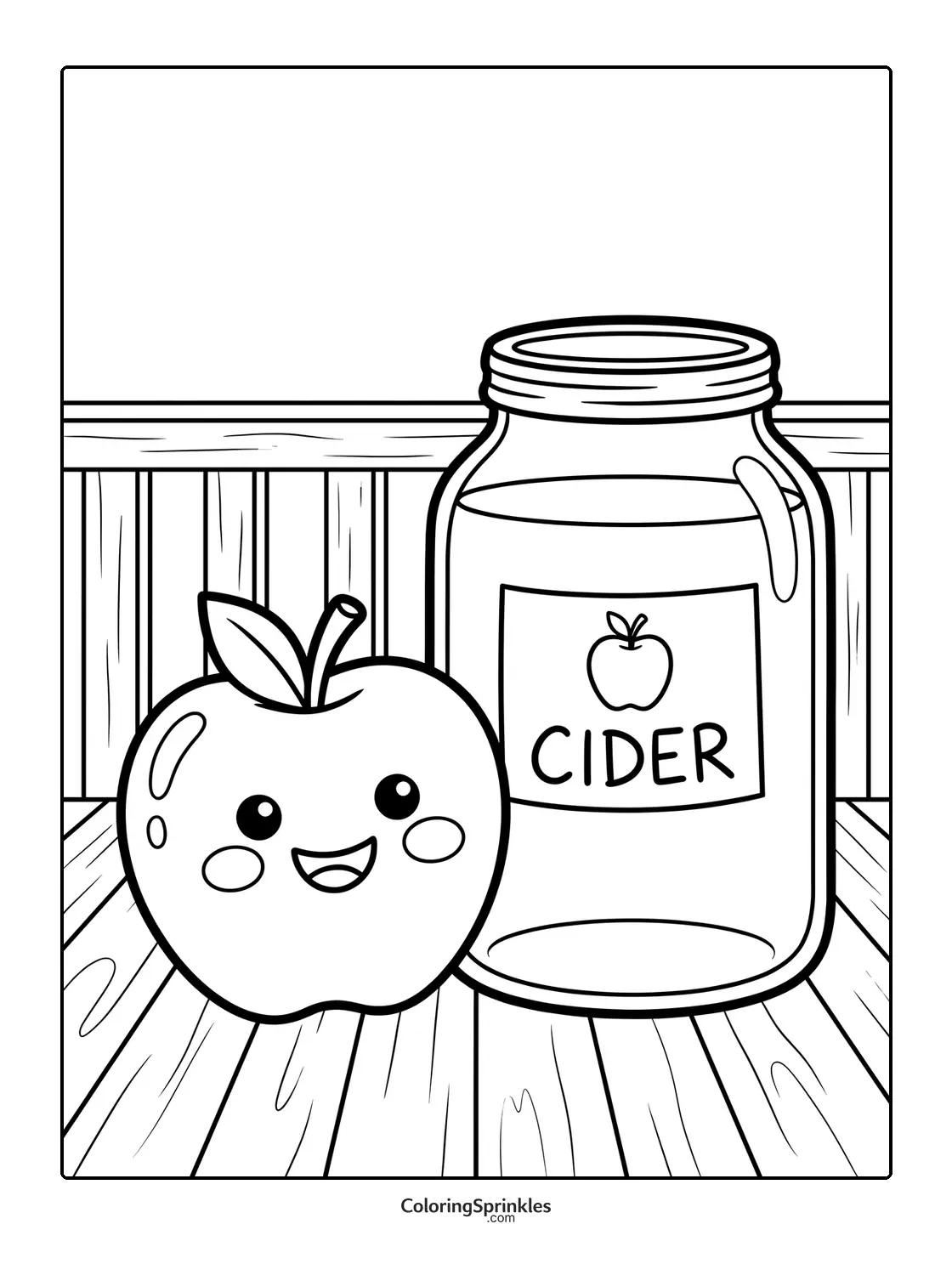 Coloring page of a smiling apple next to a jar labeled cider on a wooden table