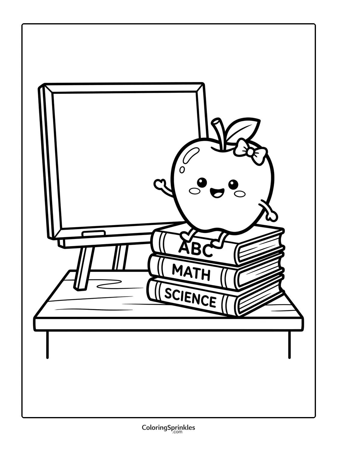 Coloring page of a happy apple sitting on a stack of ABC, Math, and Science books next to a blackboard