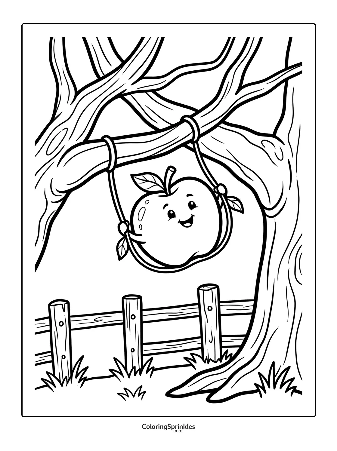 Coloring page of a happy apple swinging on a tree branch near a fence