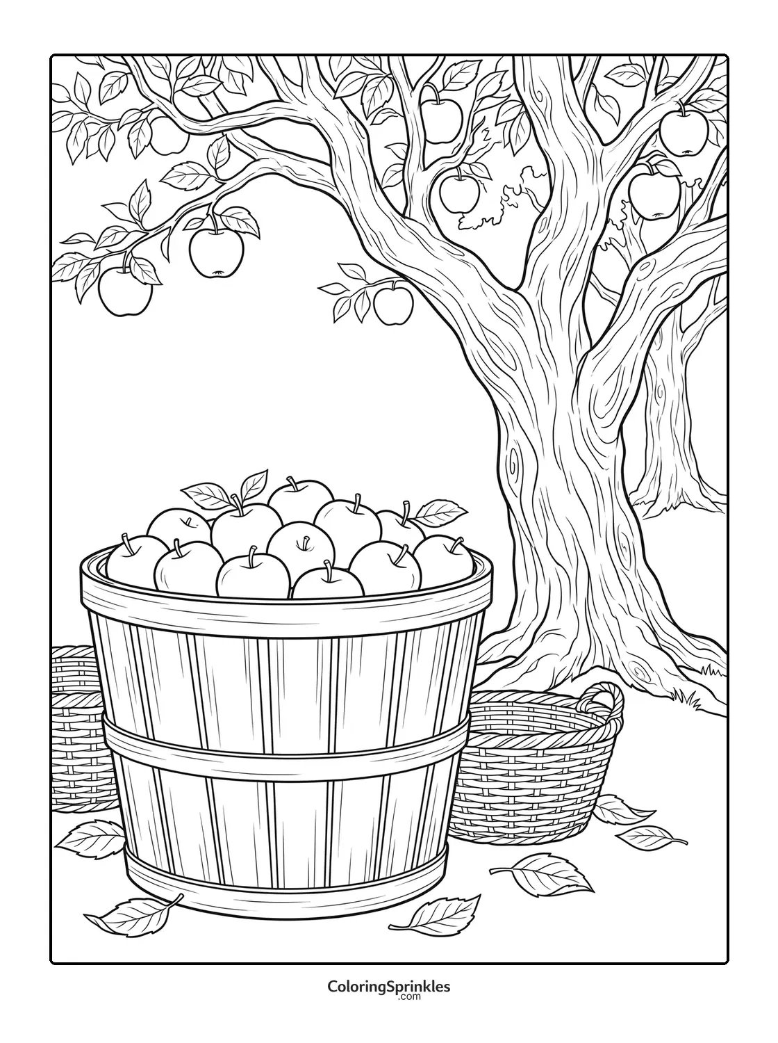 Coloring page of an apple tree with baskets and a large basket full of apples