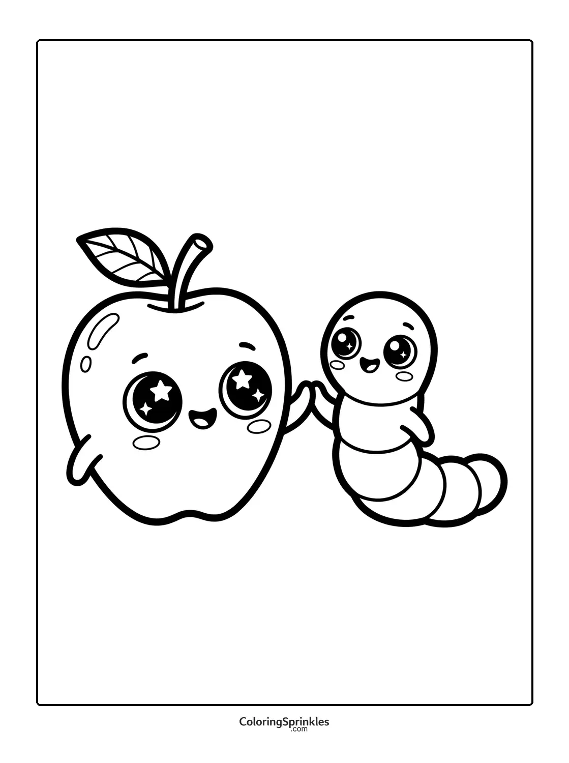 Coloring page of a cute apple and worm holding hands