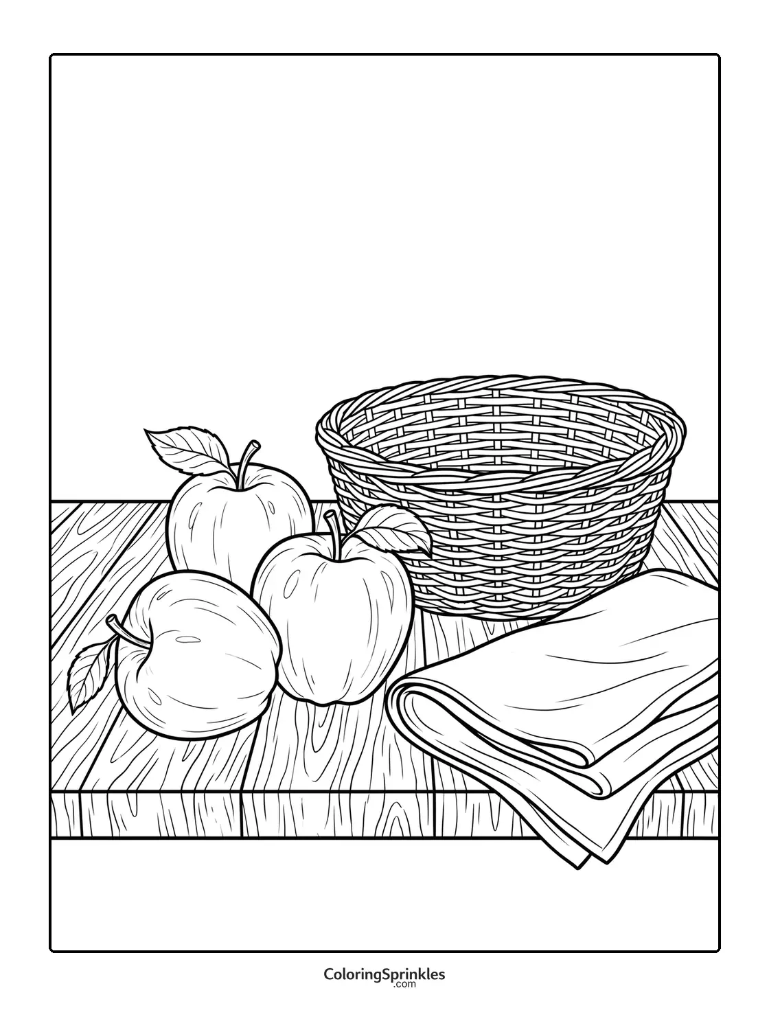 Coloring page of apples with a basket and tablecloth on a wooden table