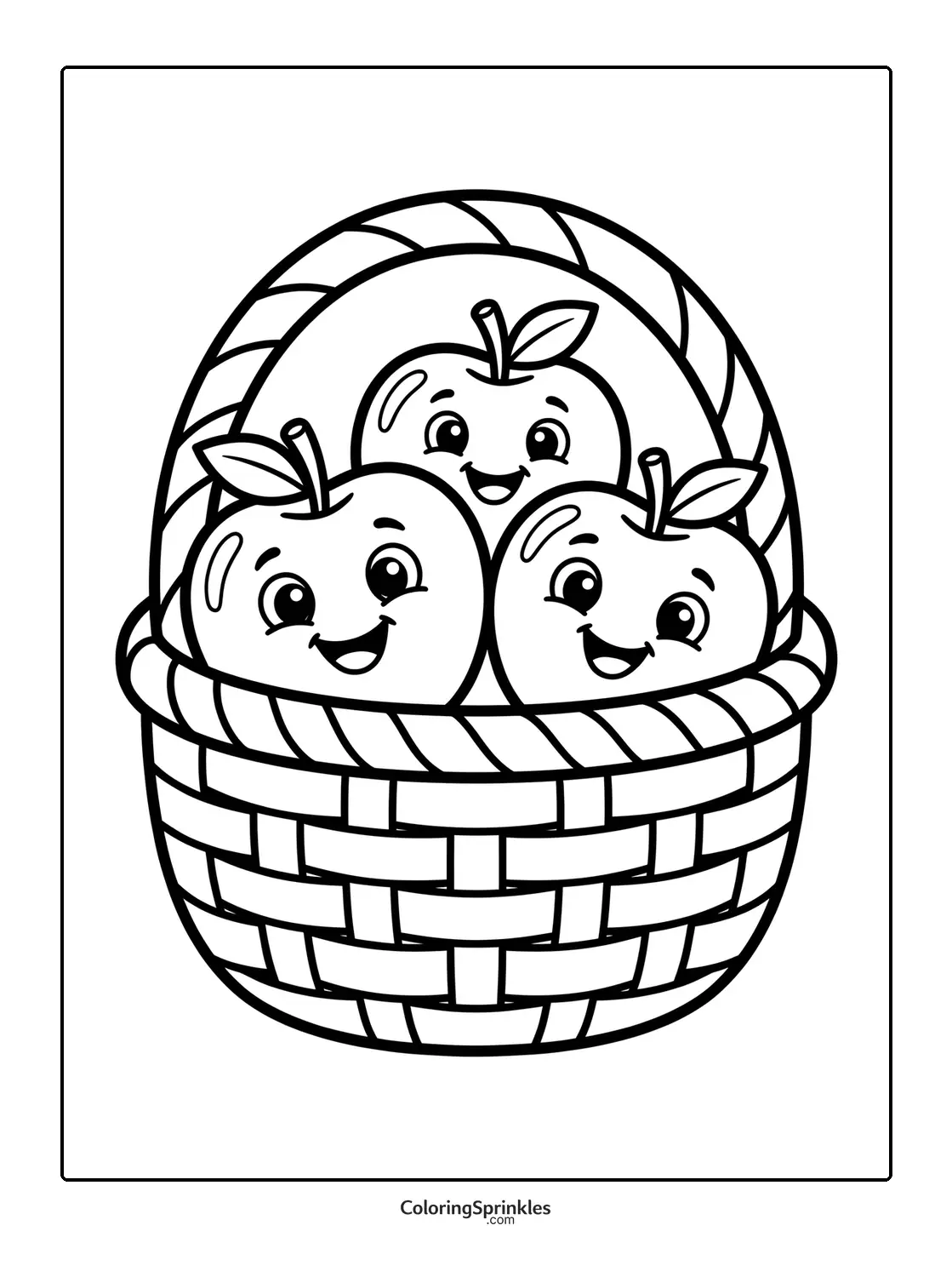 Coloring page of a basket with smiling apples