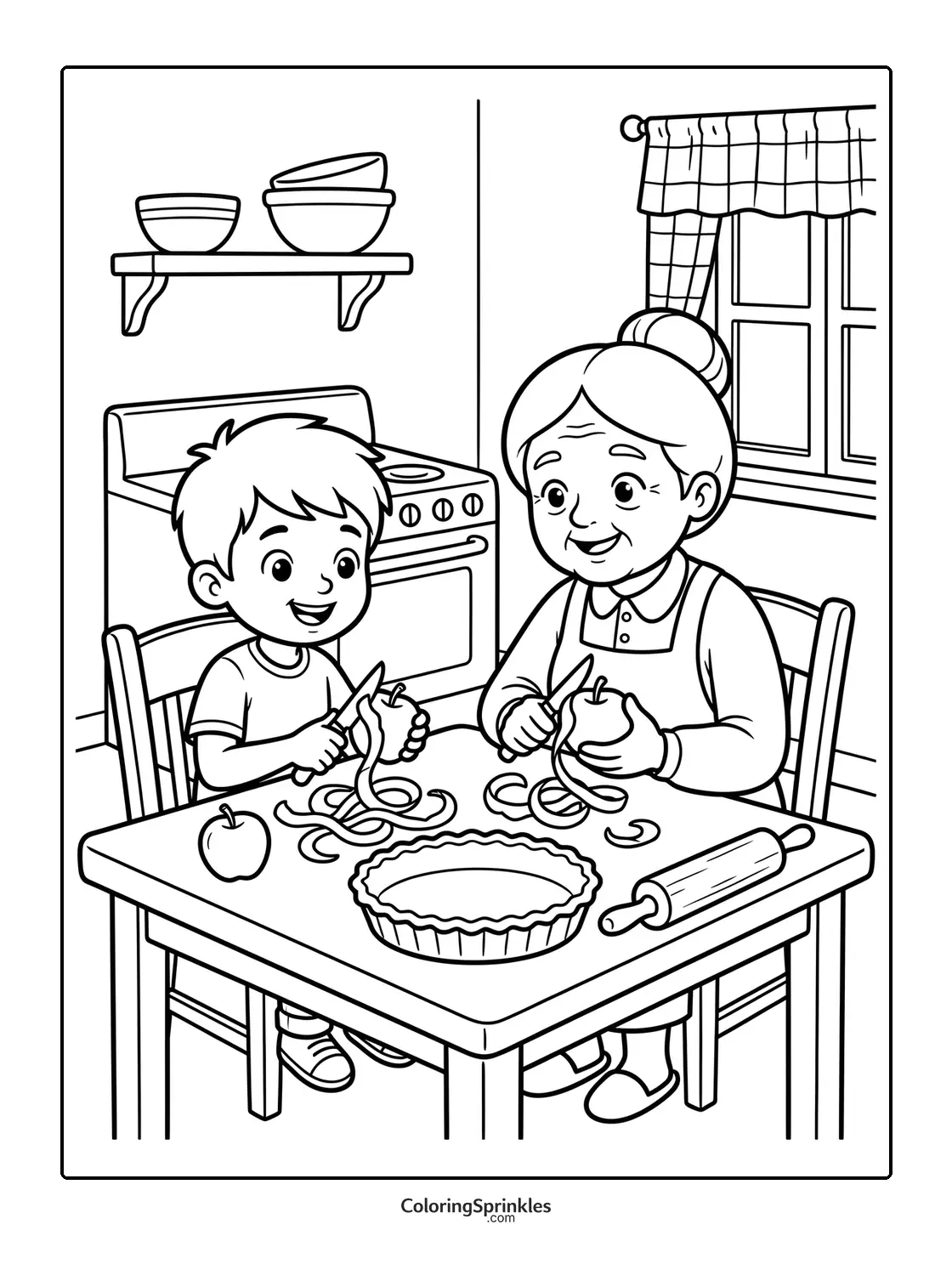 Coloring page of a boy and grandmother peeling apples in a kitchen