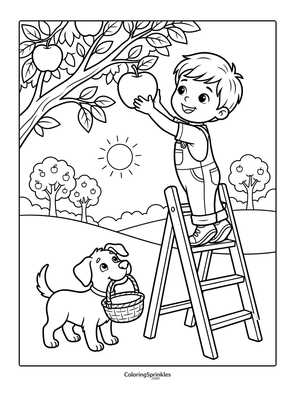 Coloring page of a boy picking apples from a tree with a dog holding a basket