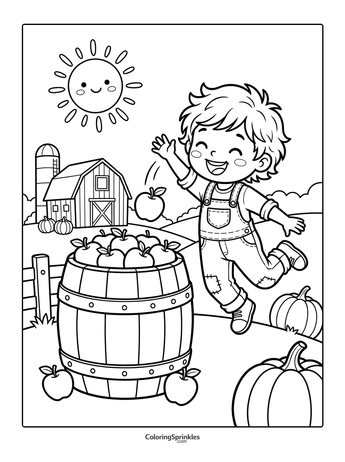 Coloring page of a boy throwing an apple near a barrel on a farm with pumpkins
