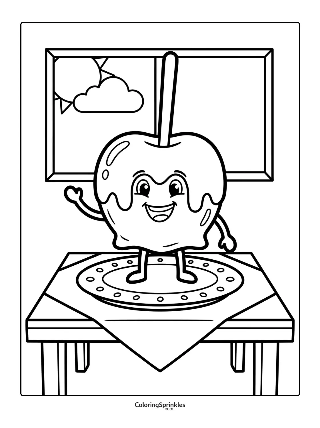 Coloring page of a smiling candy apple on a table near a window