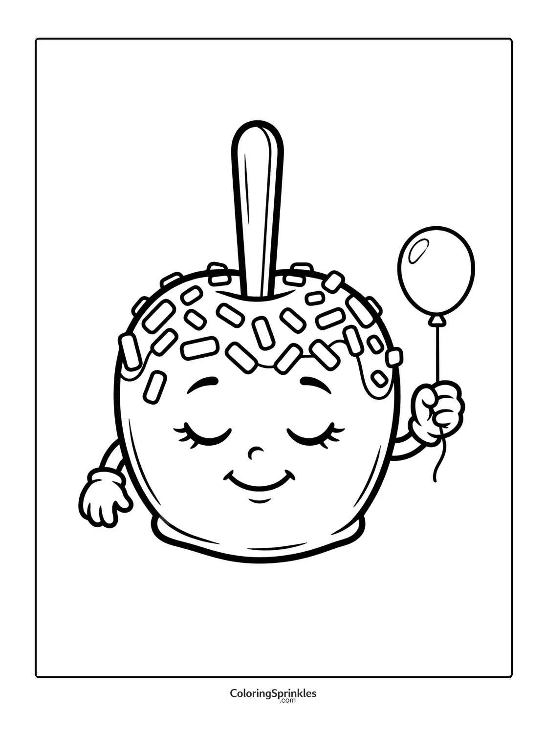 Coloring page of a caramel apple with sprinkles holding a balloon