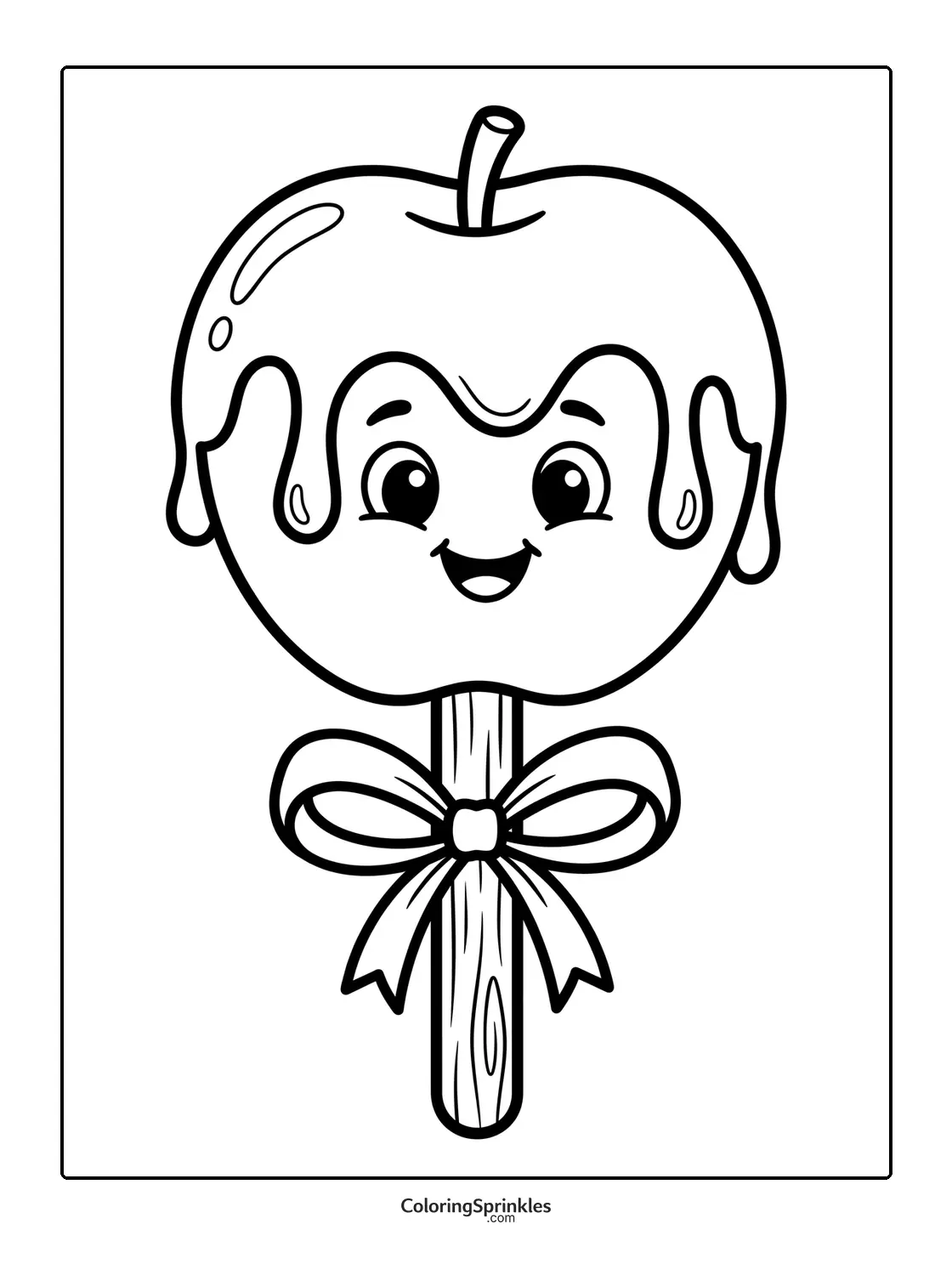 Coloring page of a smiling caramel apple on a stick with a bow