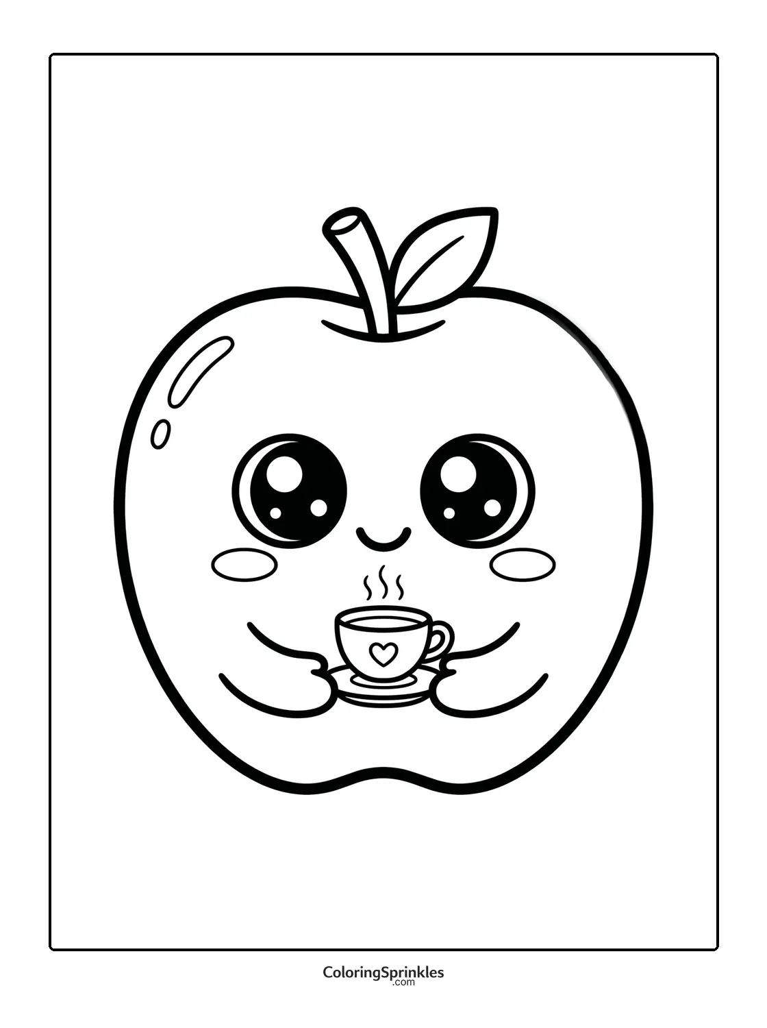 Coloring page of a cute apple holding a steaming teacup