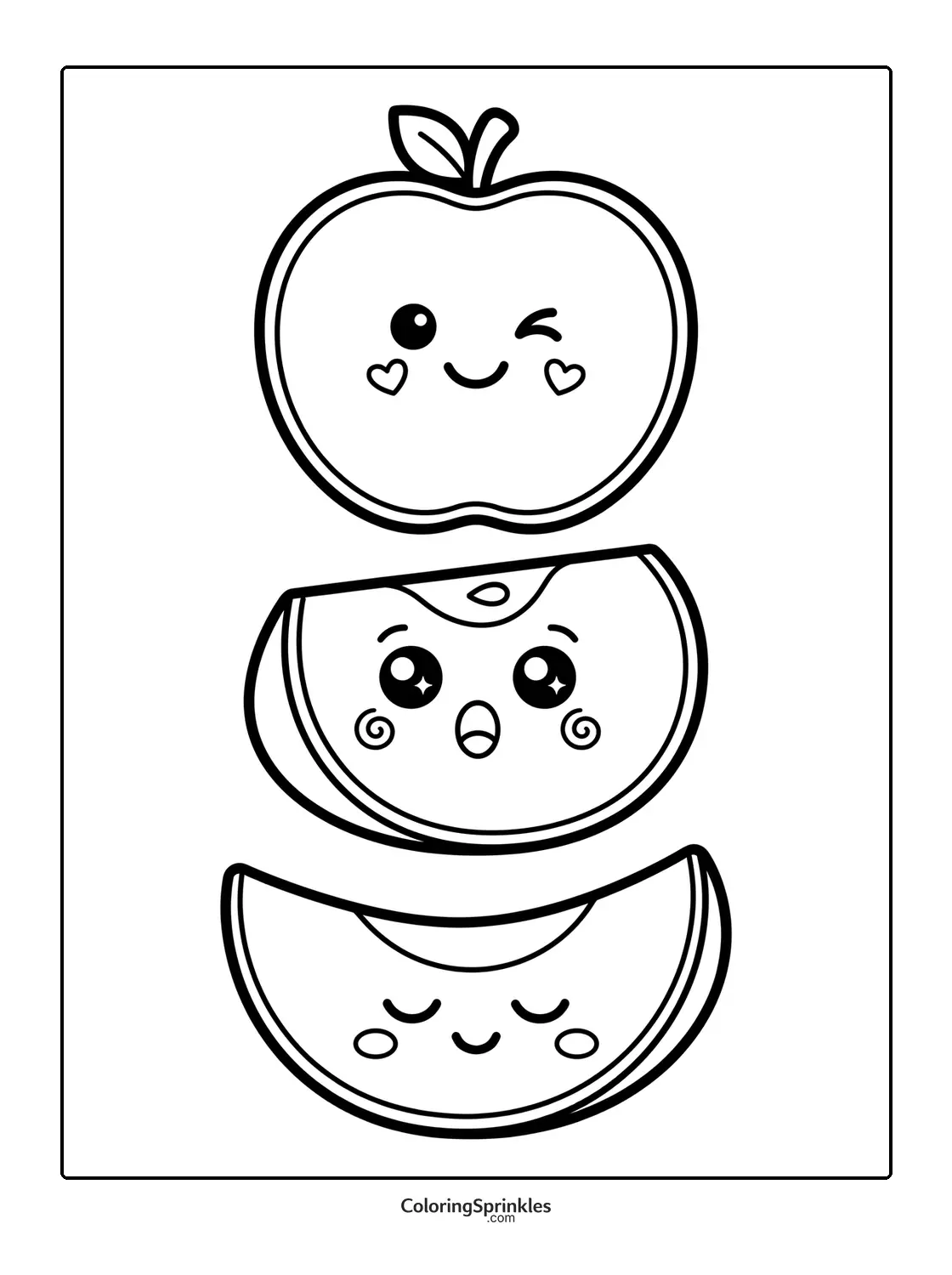 Coloring page of cute apple slices with faces