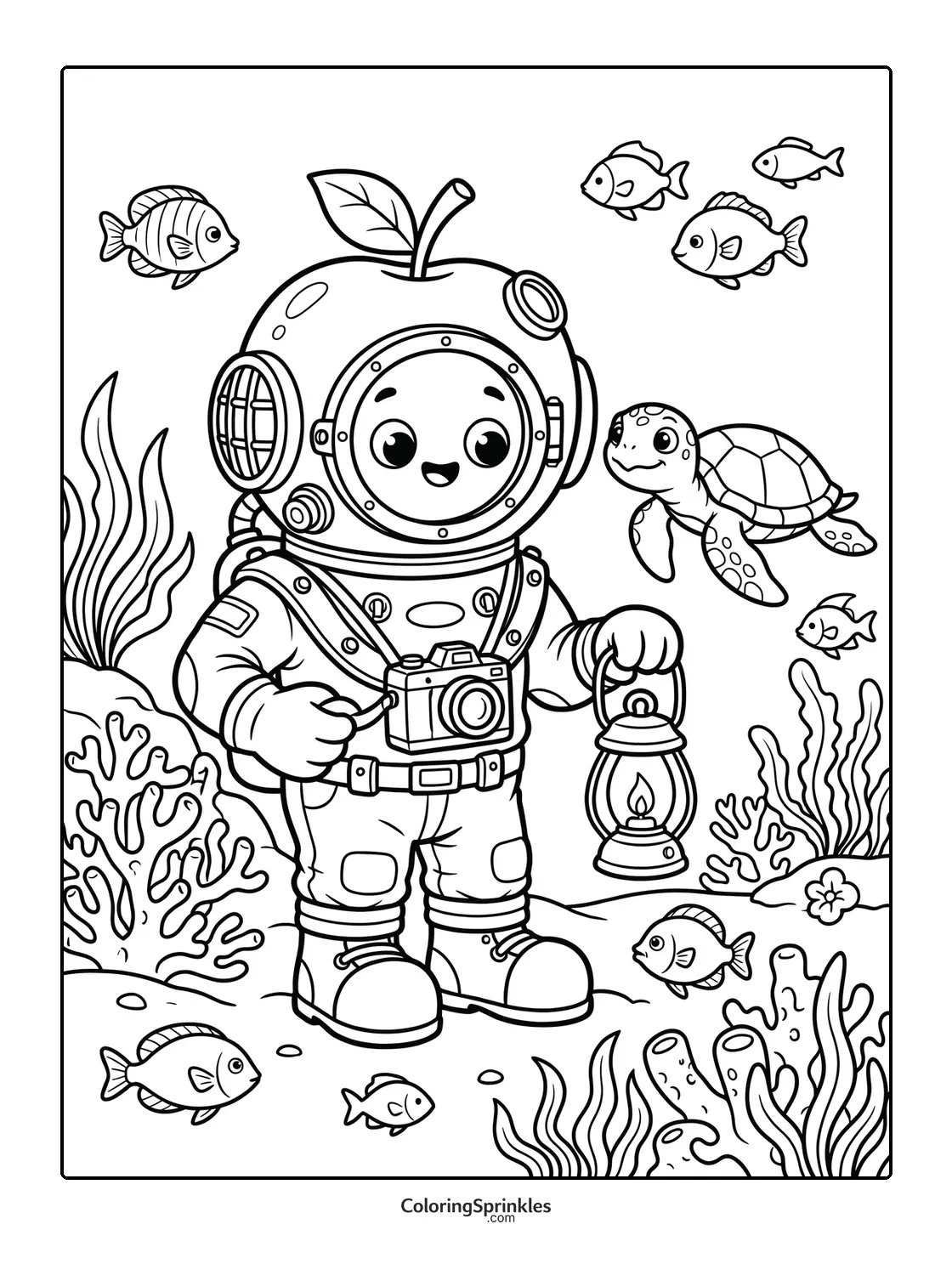 Coloring page of a diver in an apple costume underwater with sea turtle and fish