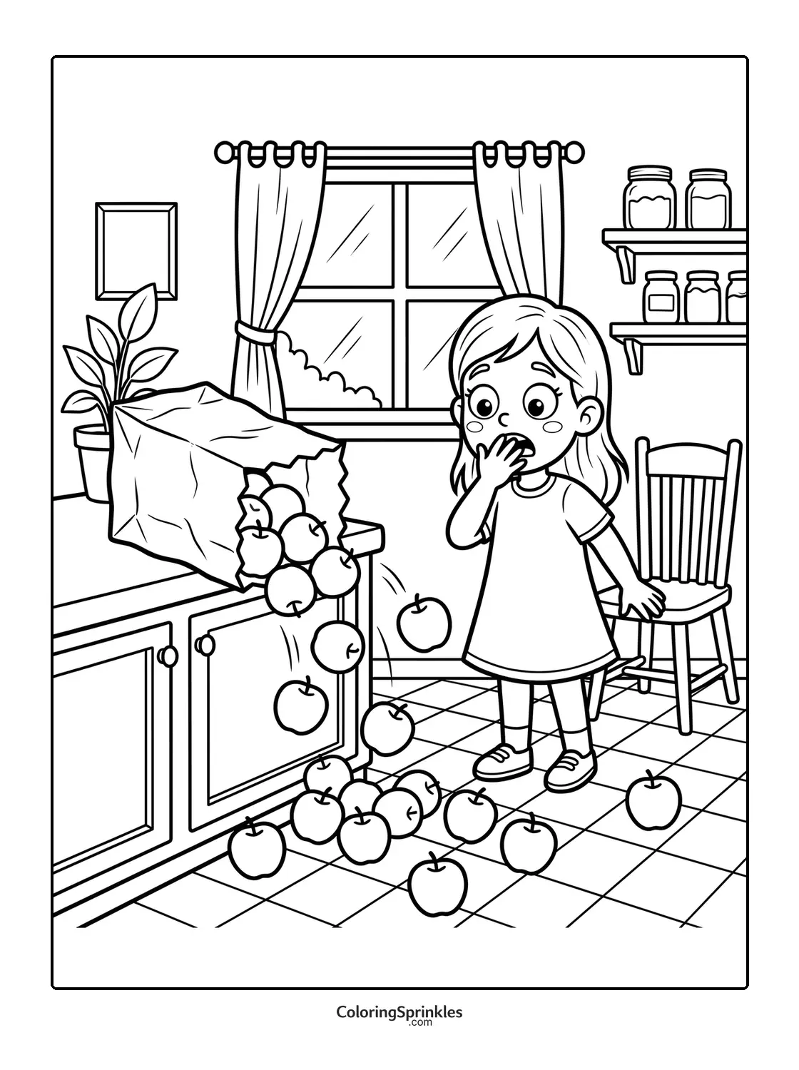 Coloring page of a girl surprised by apples falling in a kitchen