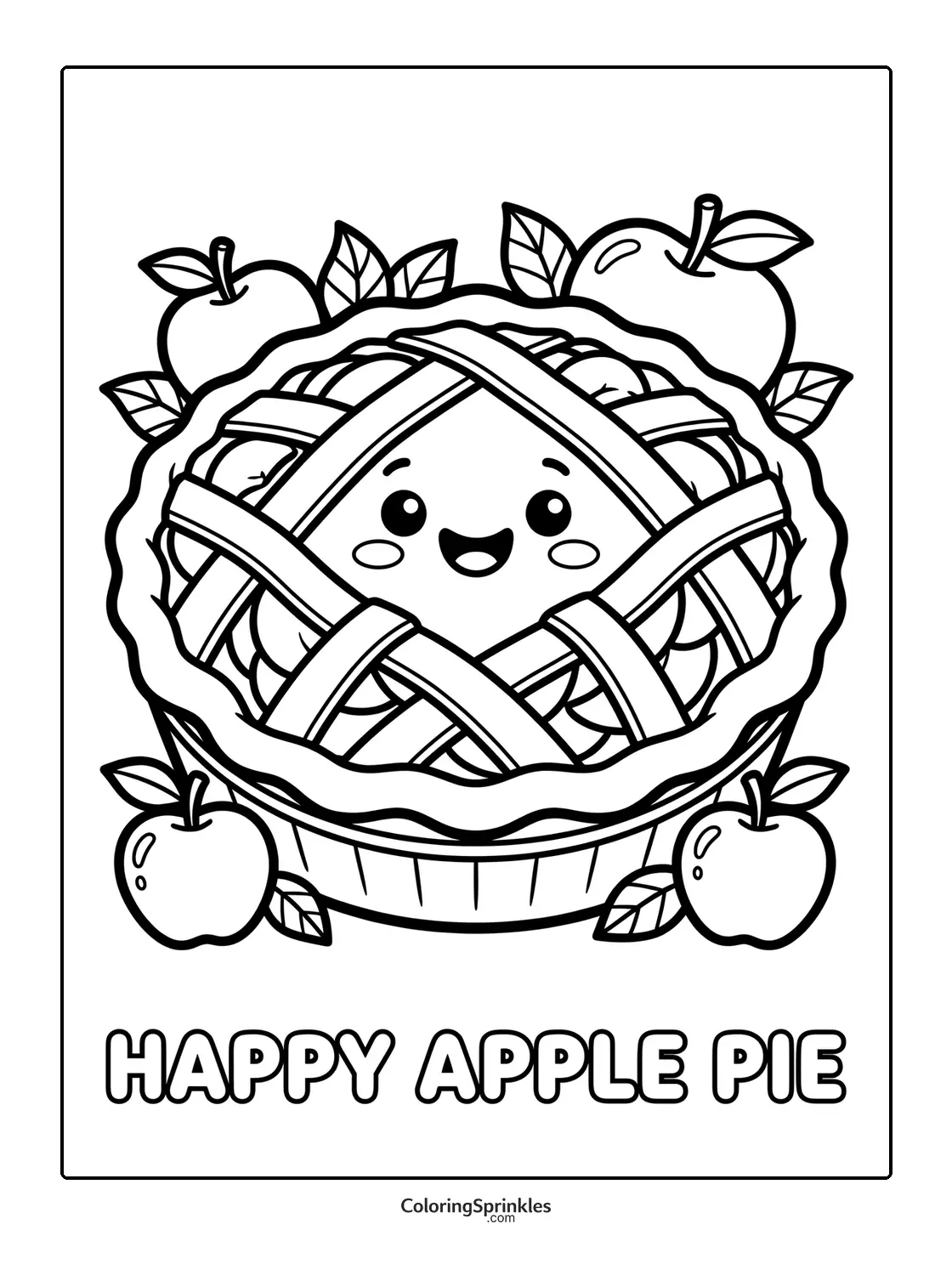 Coloring page of a happy apple pie with smiling face and apples