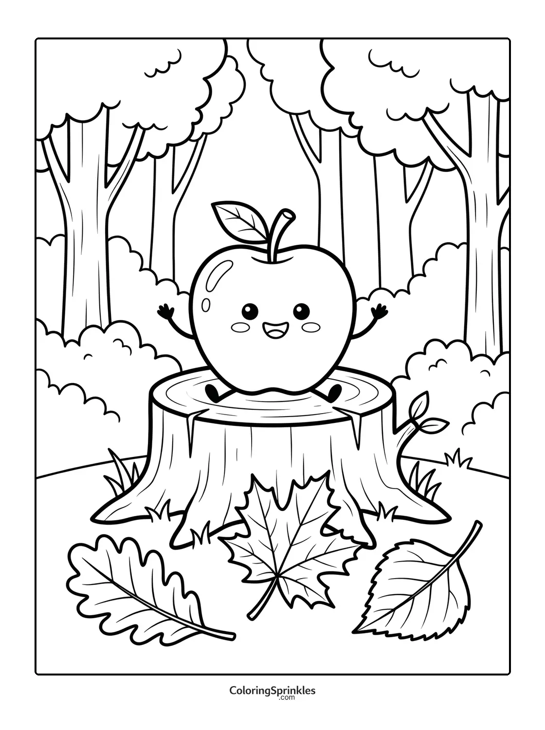 Coloring page of a happy apple sitting on a tree stump in a forest