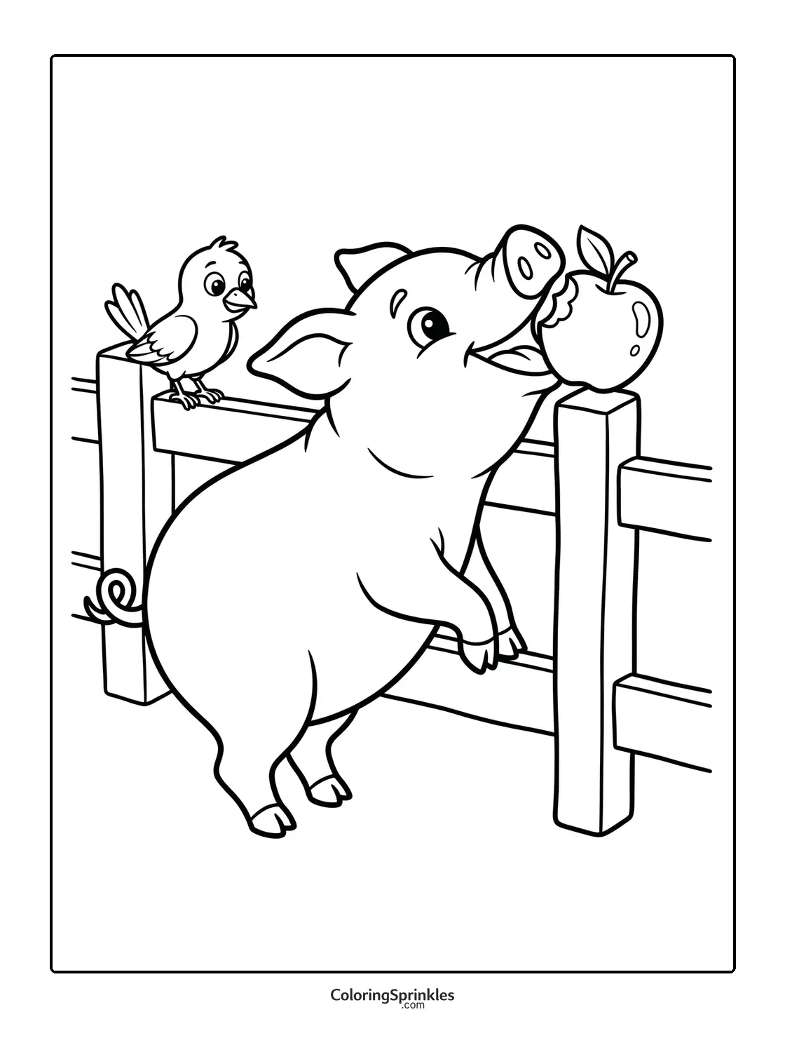 Coloring page of a pig eating an apple on a fence with a bird