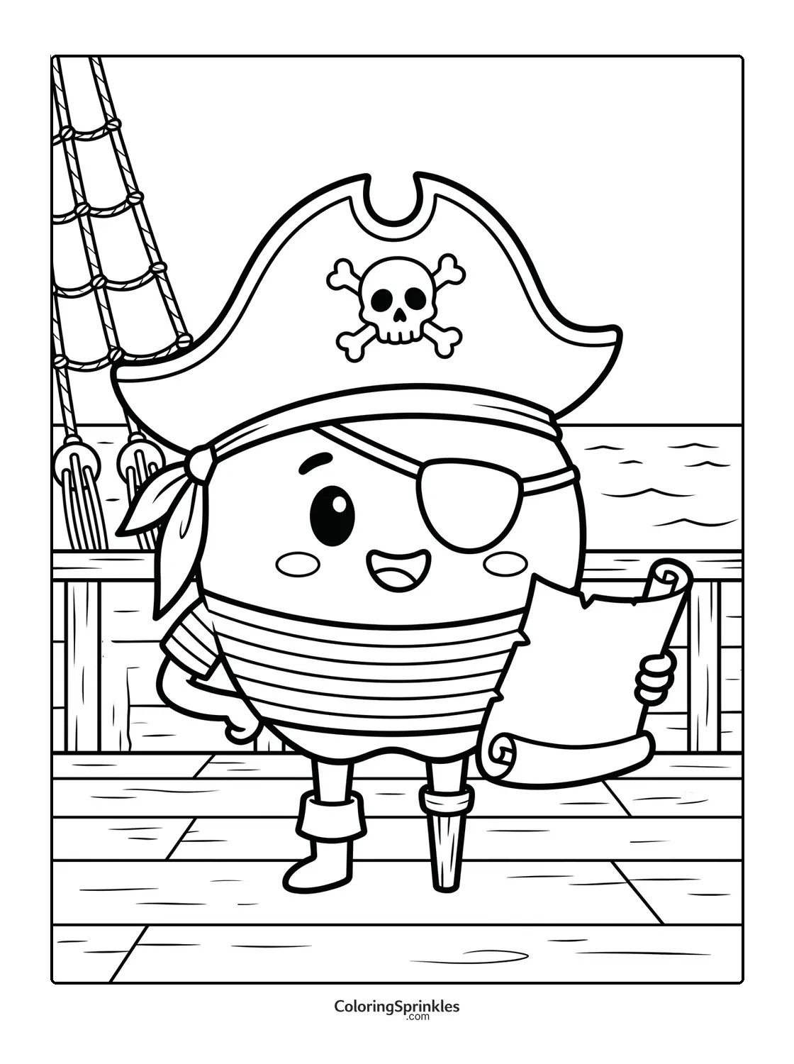 Coloring page of a pirate apple with an eye patch holding a map on a ship deck