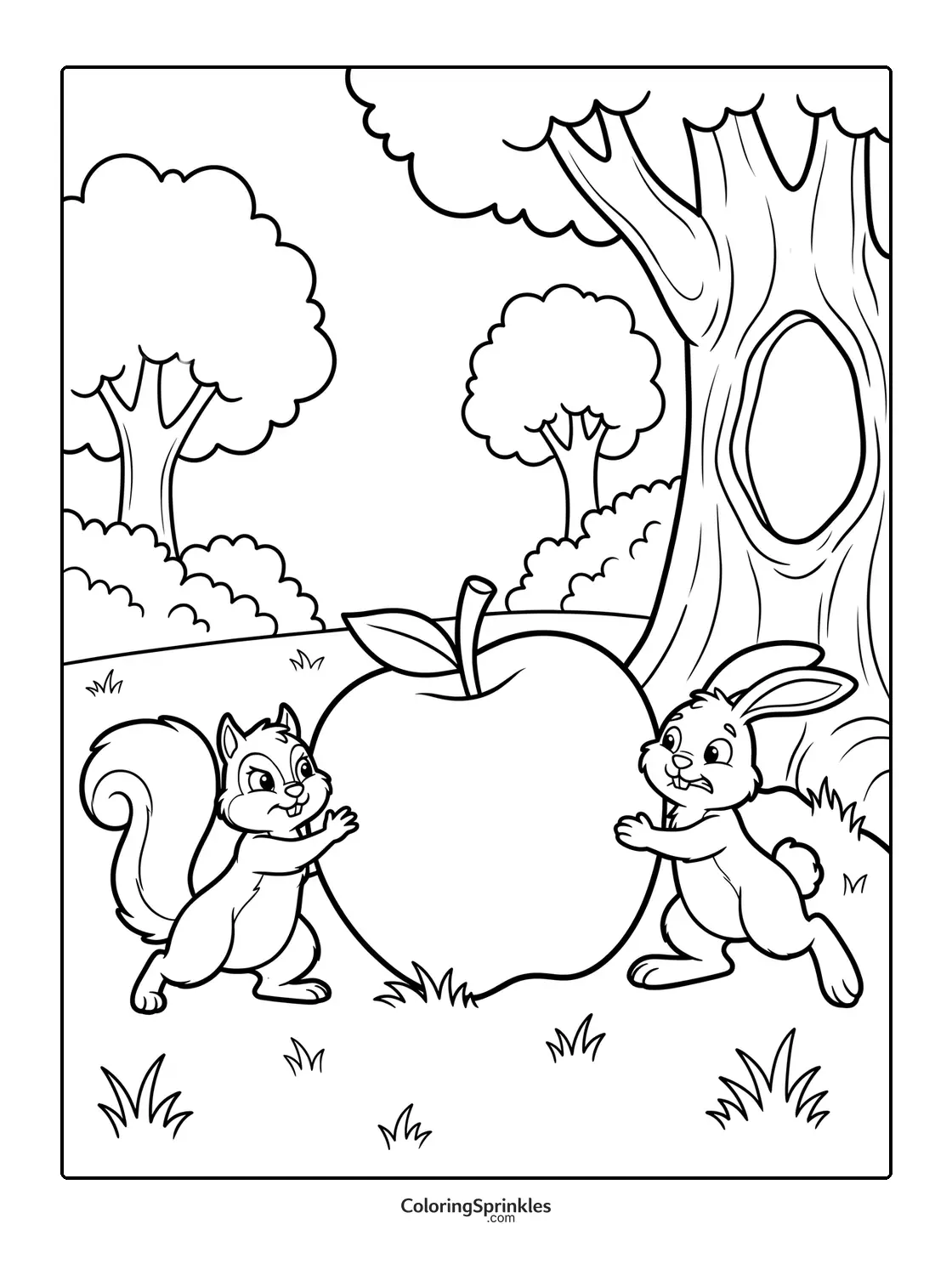 Coloring page of a squirrel and rabbit pushing a giant apple near a tree