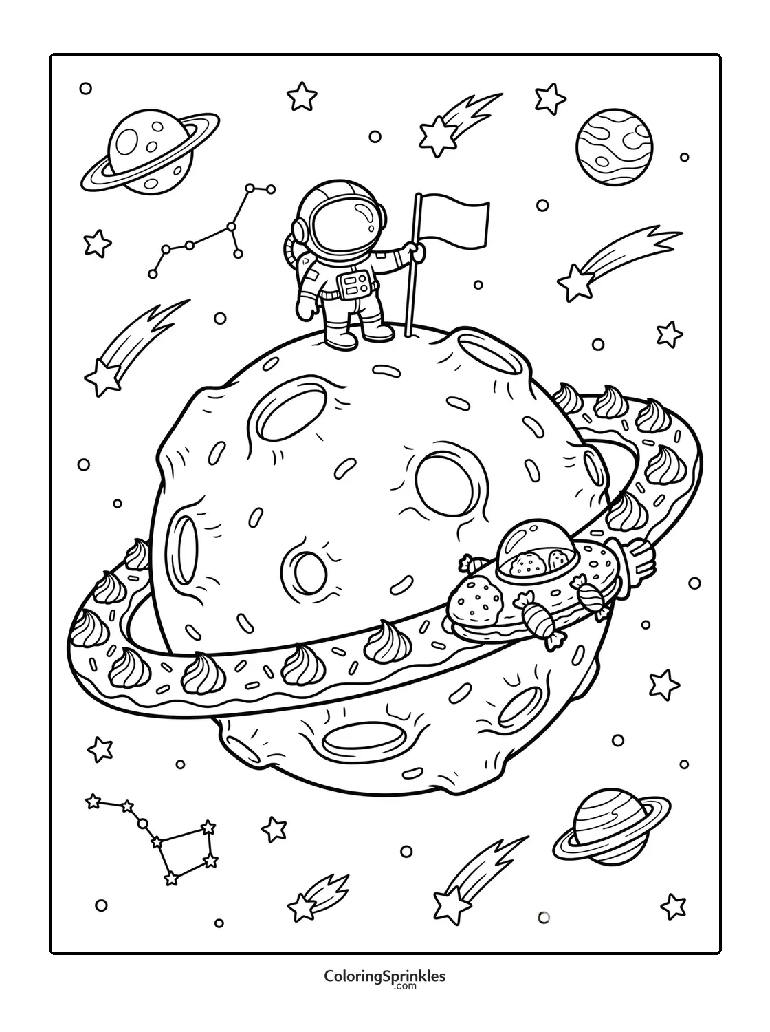 Coloring page of an astronaut standing on a cake planet with candy spaceship in space
