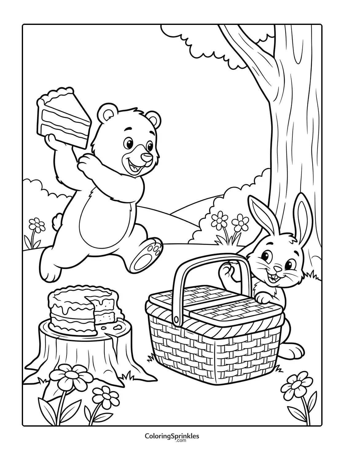 Coloring page of a bear holding a slice of cake near a picnic basket with a rabbit