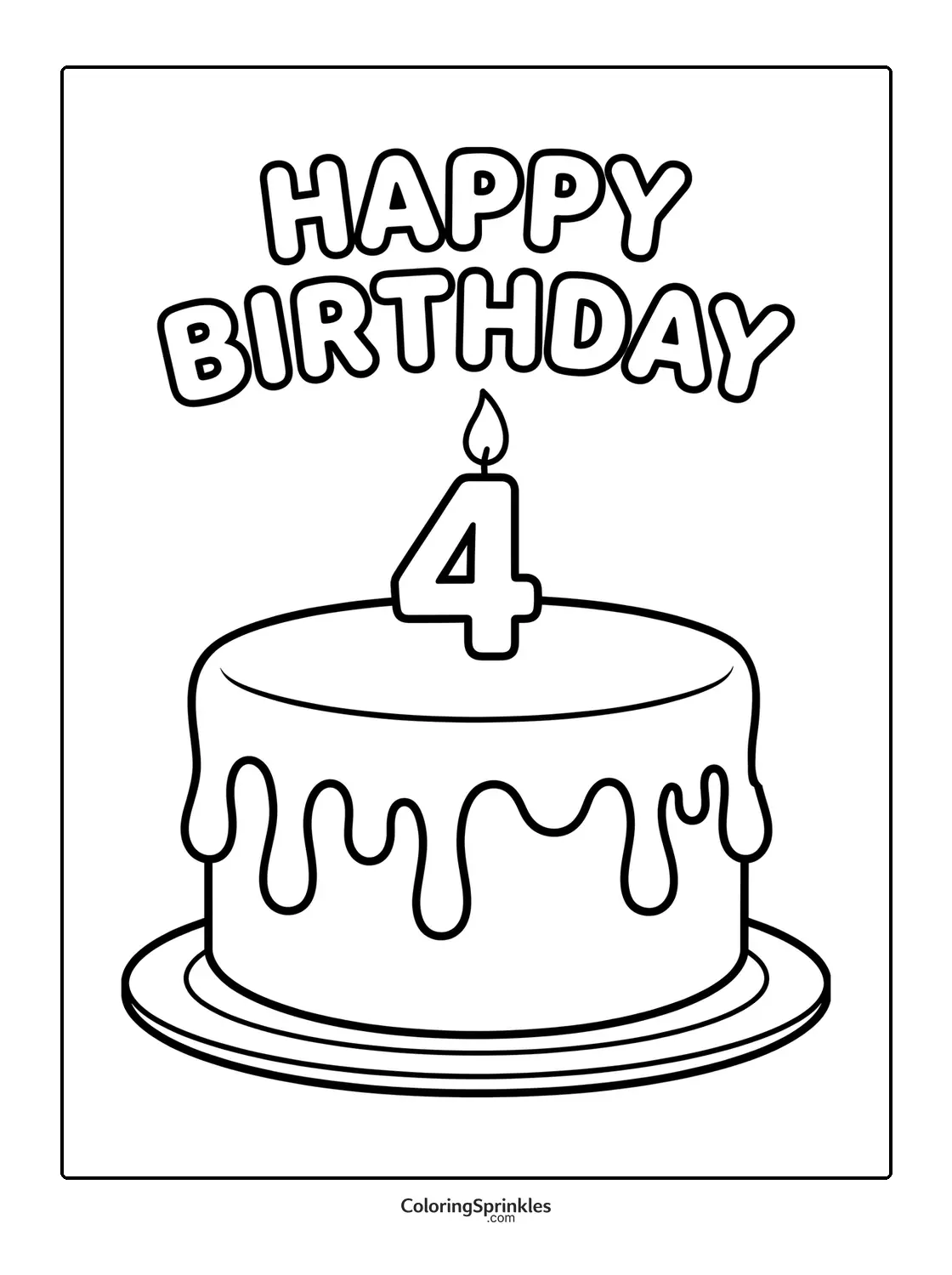 Coloring page of a birthday cake with a number four candle