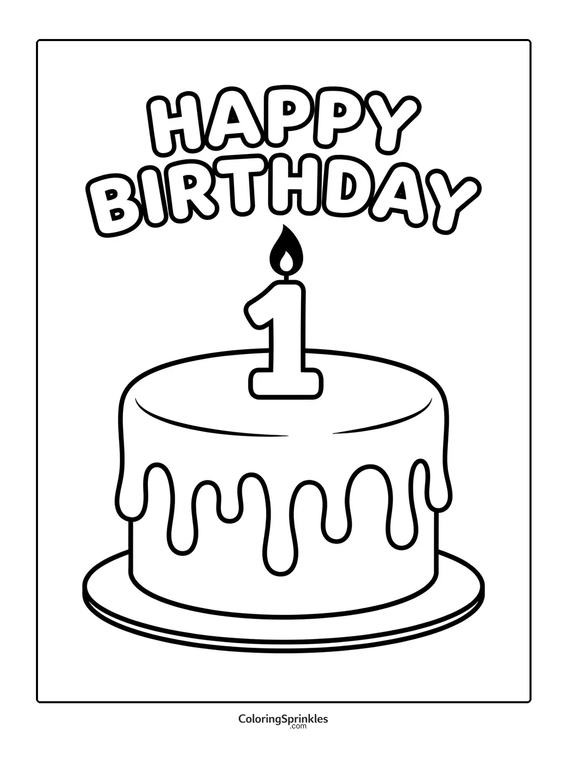 Coloring page of a birthday cake with a number one candle