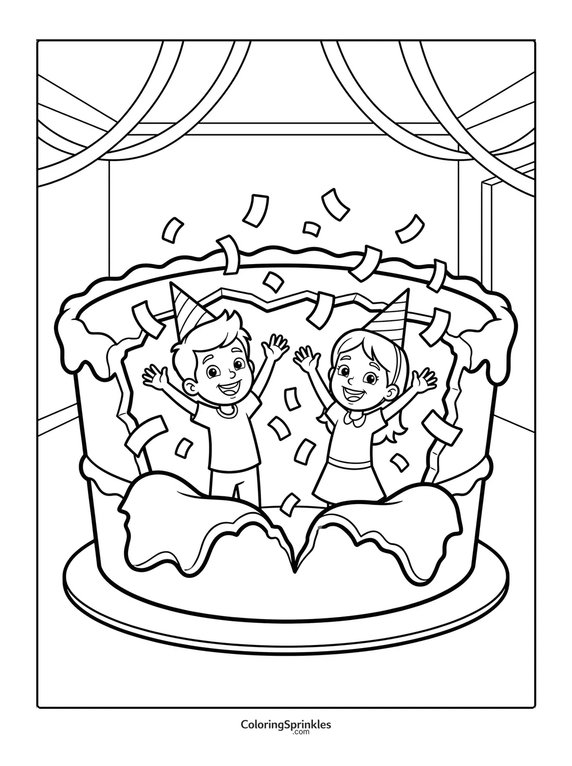Coloring page of a birthday cake with children wearing party hats and confetti