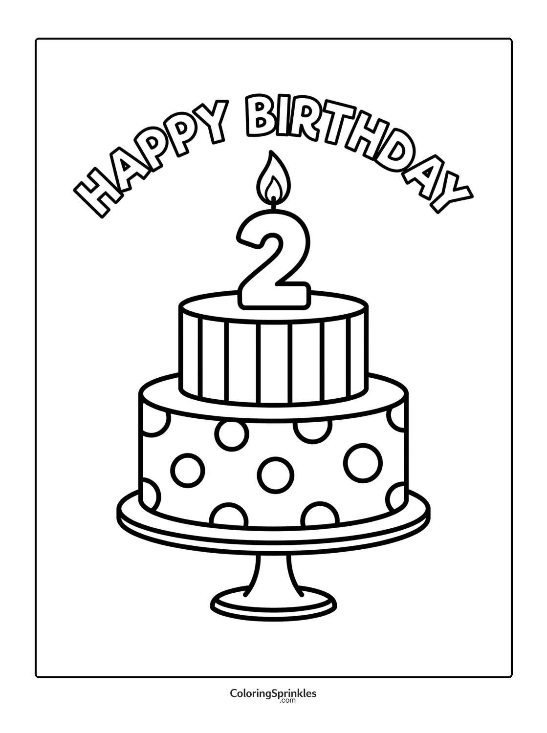 Coloring page of a two-tier birthday cake with a number two candle