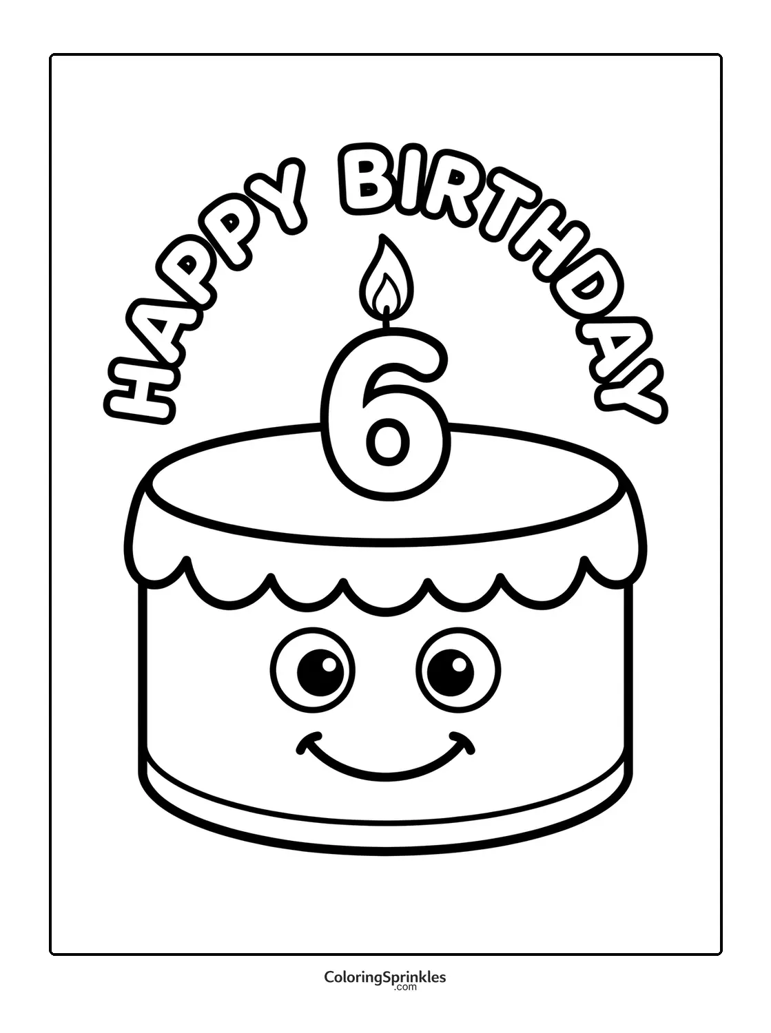 Coloring page of a smiling birthday cake with a number six candle