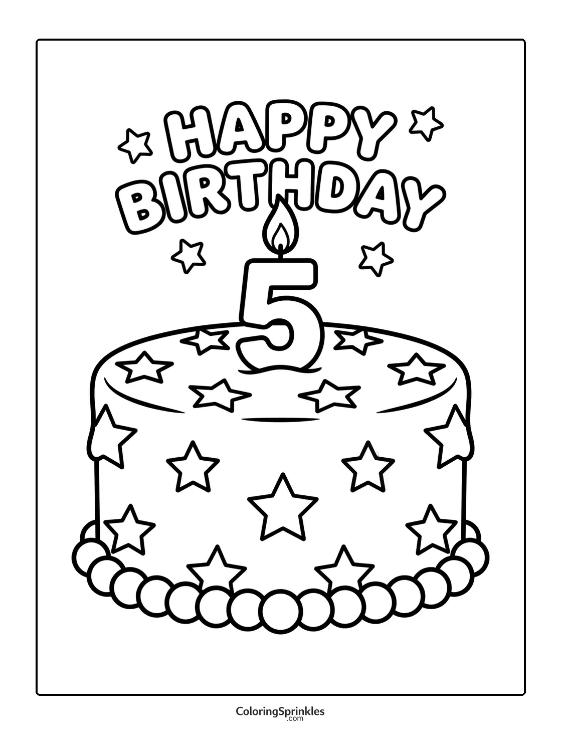 Coloring page of a birthday cake with stars and a number five candle