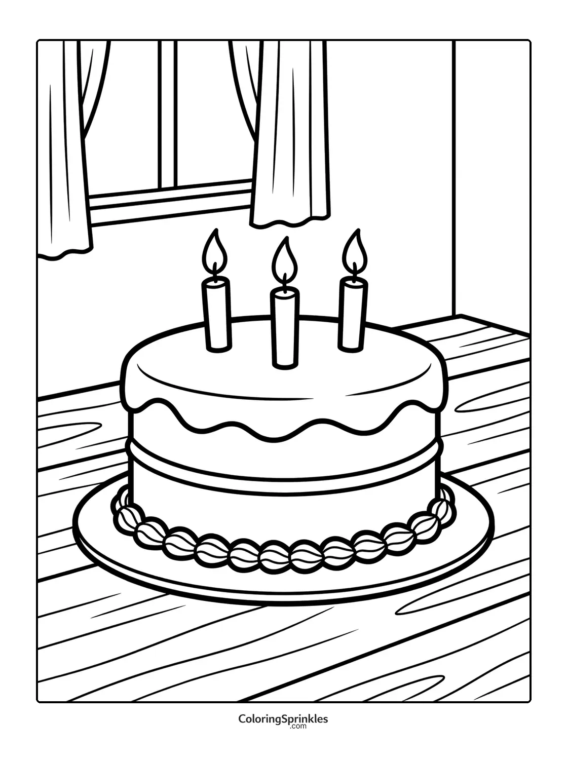 Coloring page of a birthday cake with three candles on a table near a window