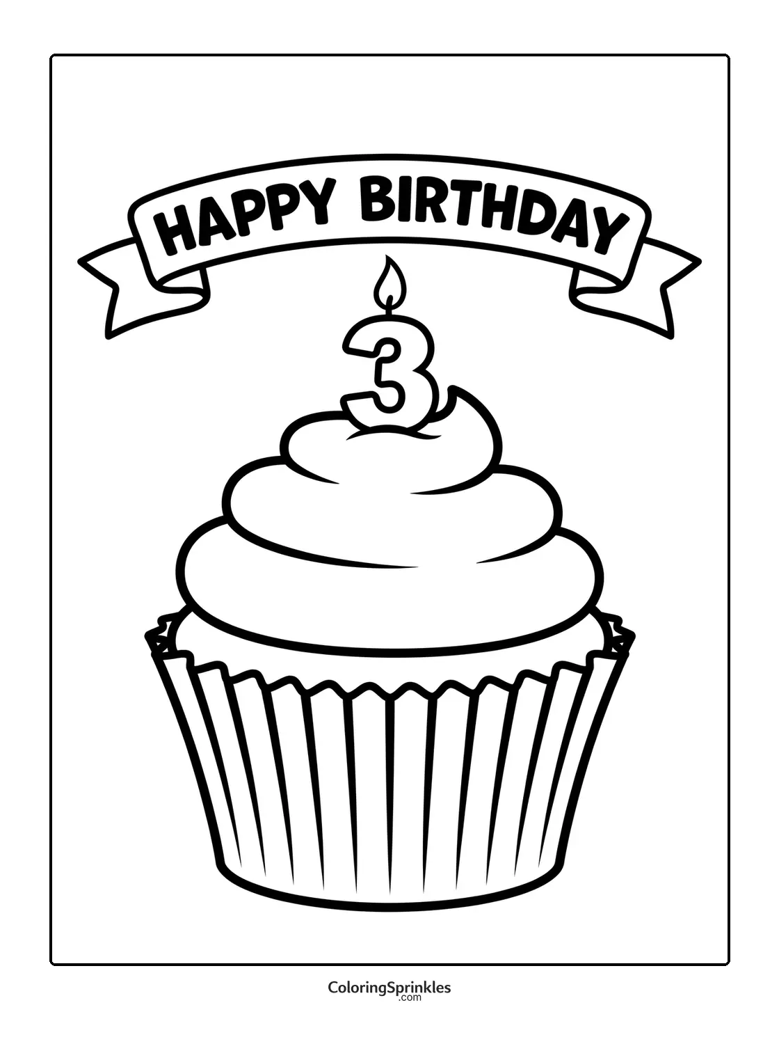 Coloring page of a birthday cupcake with a number three candle and happy birthday banner