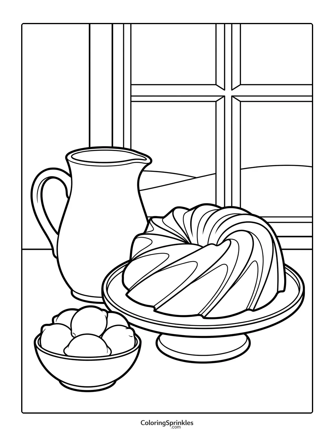 Coloring page of a bundt cake on a stand with a pitcher and bowl of lemons by a window