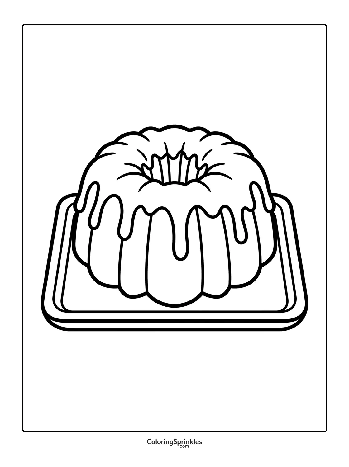 Coloring page of a bundt cake with icing on a plate