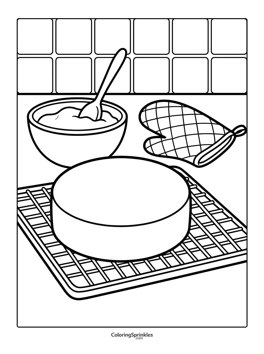 Coloring page of a cake cooling on a rack with a bowl and oven mitt