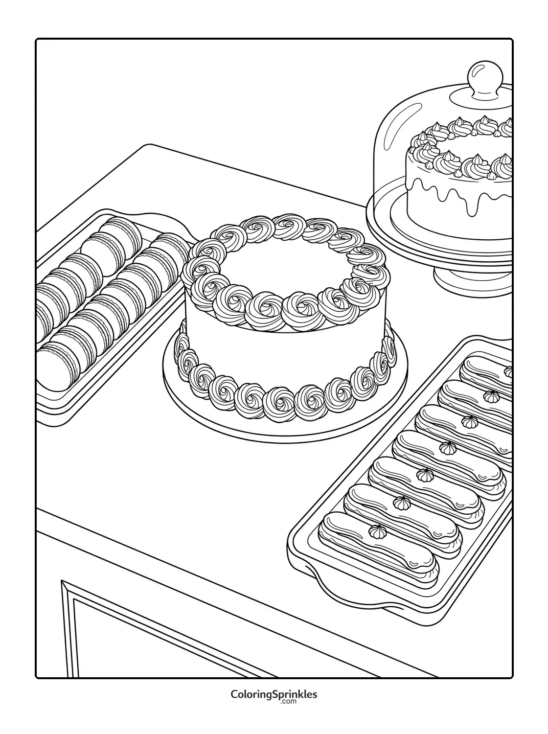 Coloring page of a dessert table with cakes, macarons, and eclairs