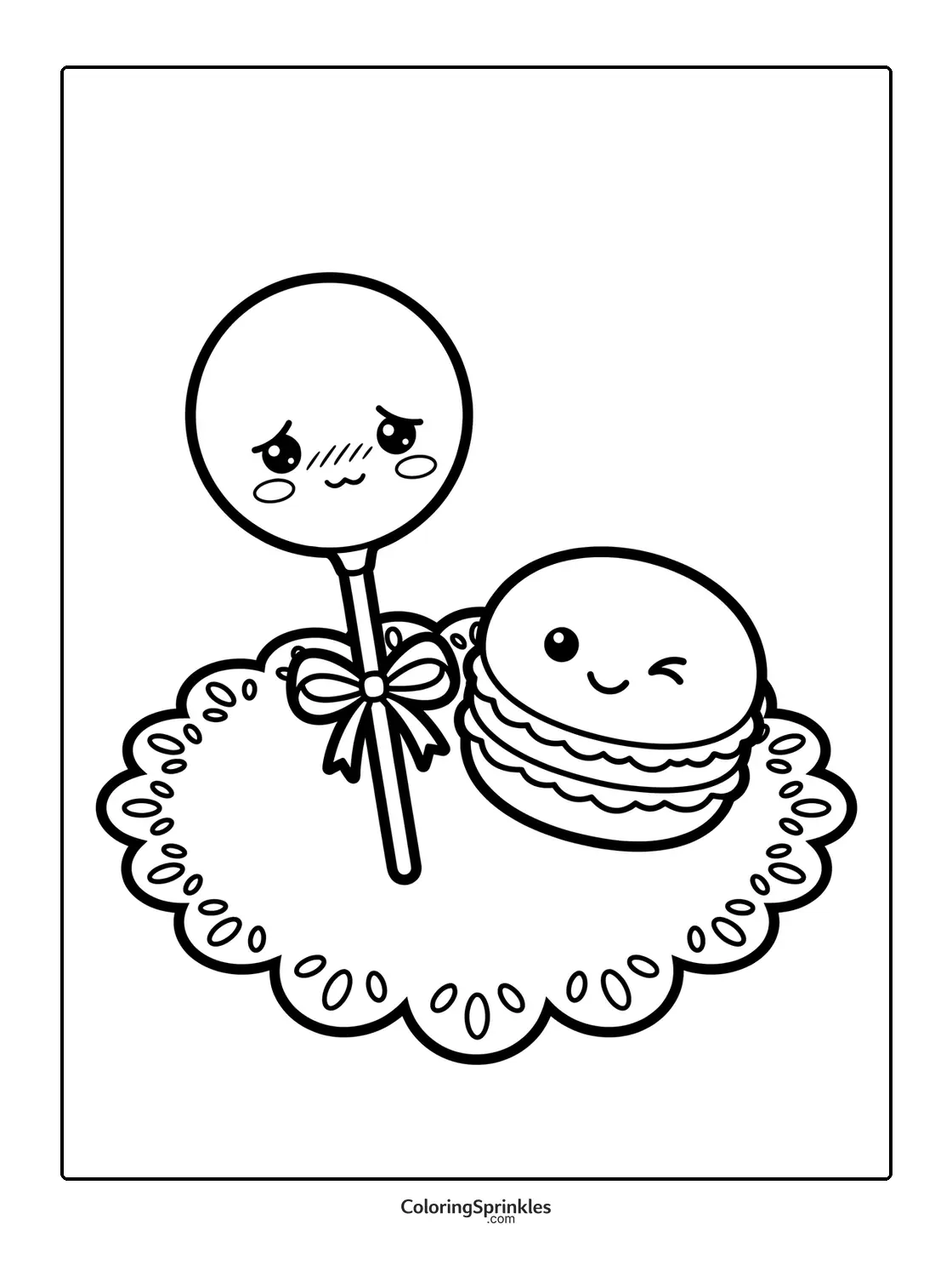 Coloring page of a cake pop and a winking macaroon on a decorative plate