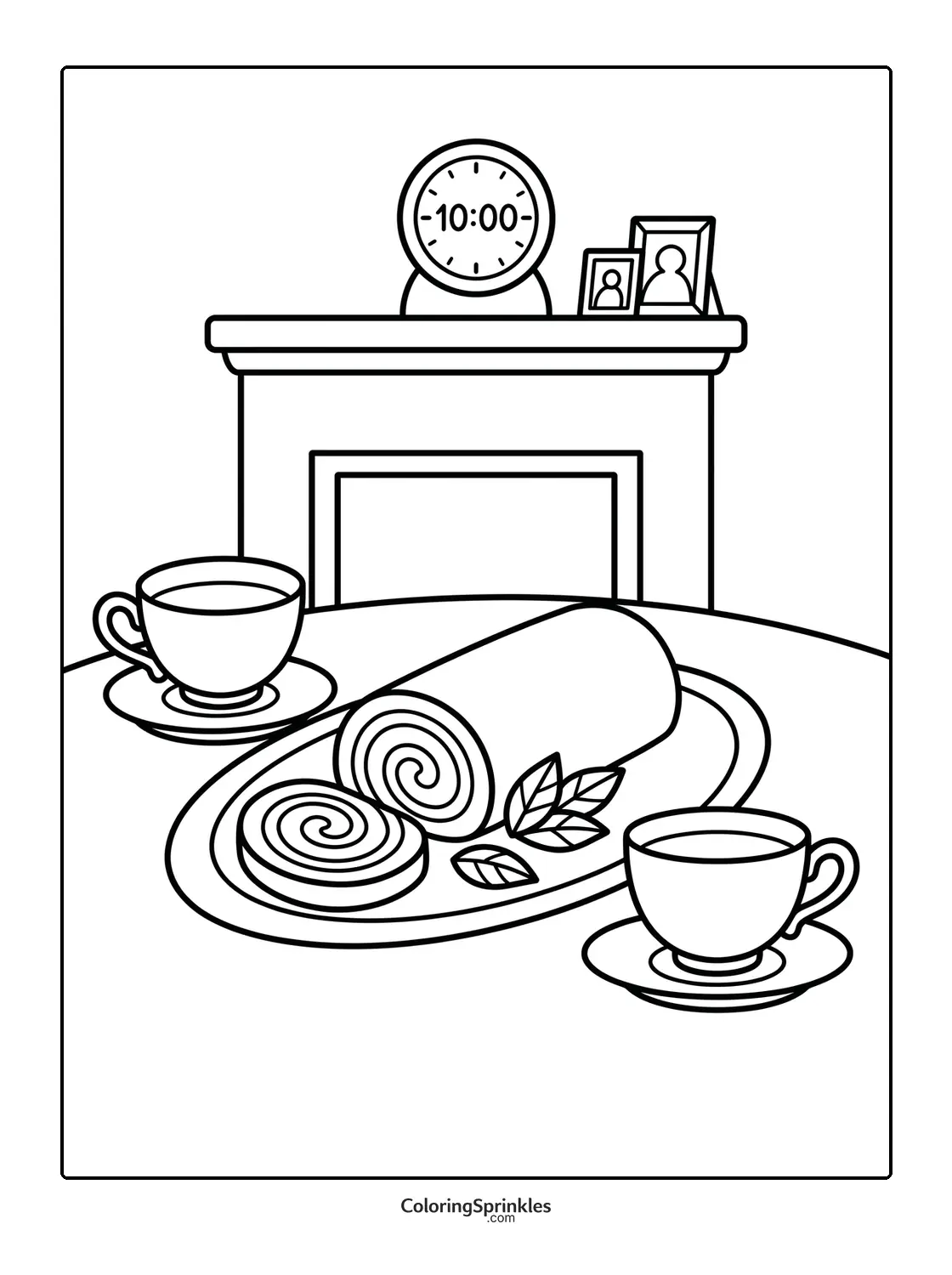 Coloring page of a cake roll with tea cups on a table in front of a mantel clock