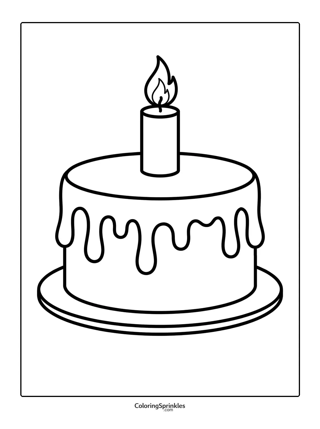 Coloring page of a cake with dripping icing and a single candle