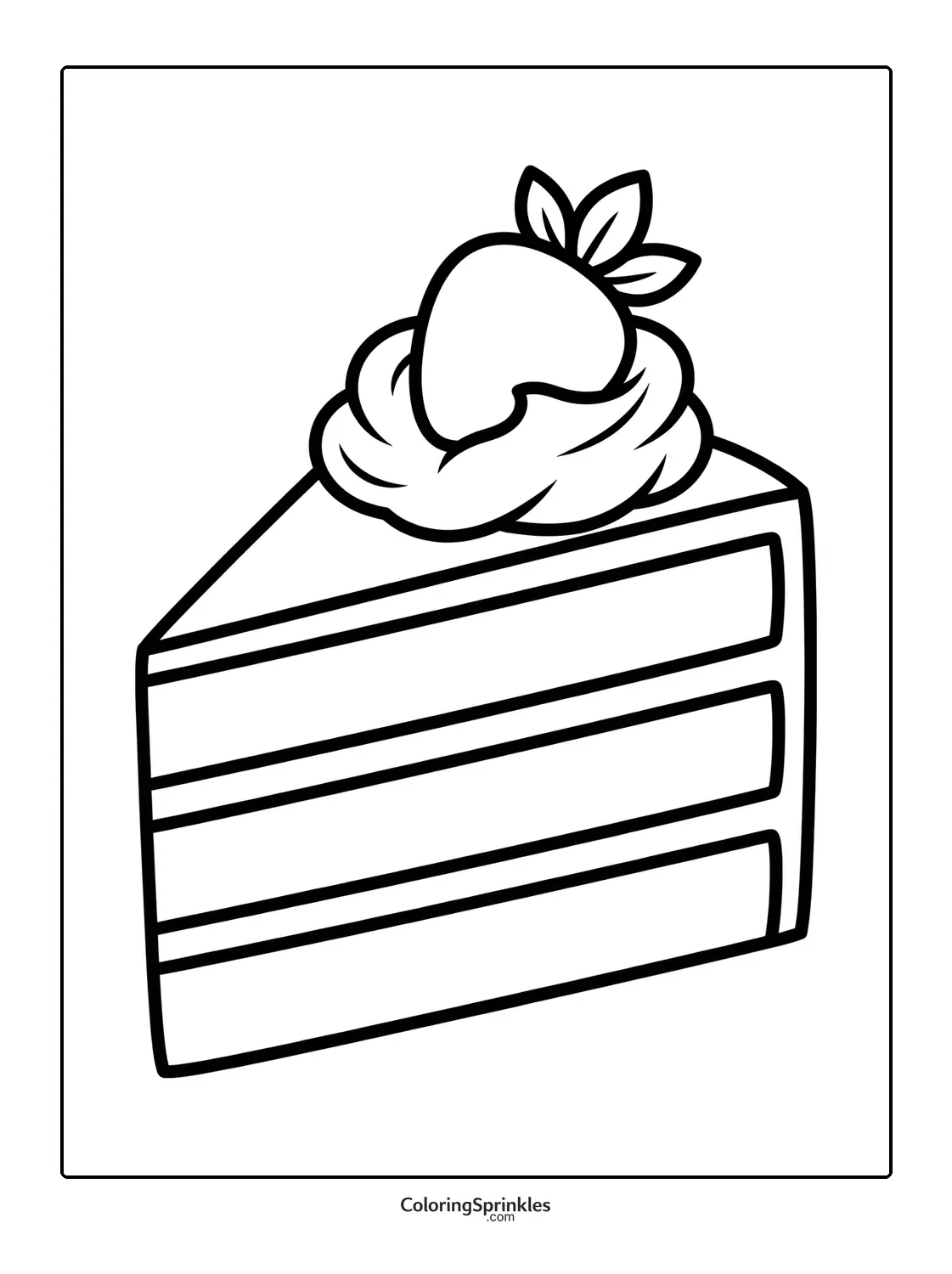 Coloring page of a slice of cake topped with whipped cream and a strawberry